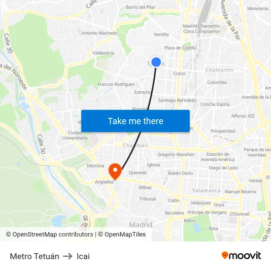 Metro Tetuán to Icai map