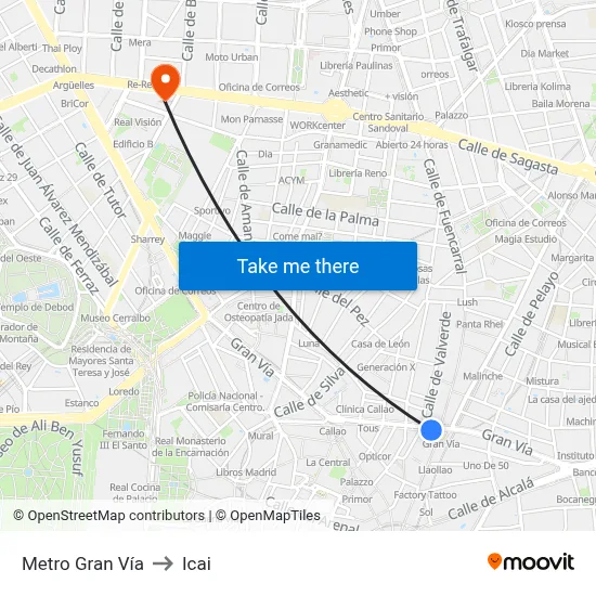 Metro Gran Vía to Icai map