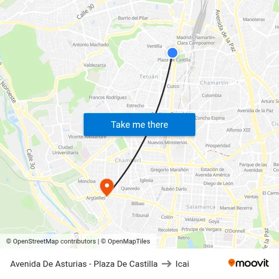 Avenida De Asturias - Plaza De Castilla to Icai map