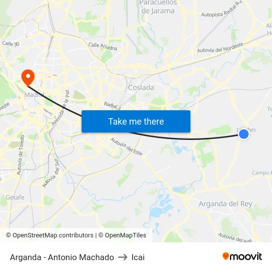 Arganda - Antonio Machado to Icai map