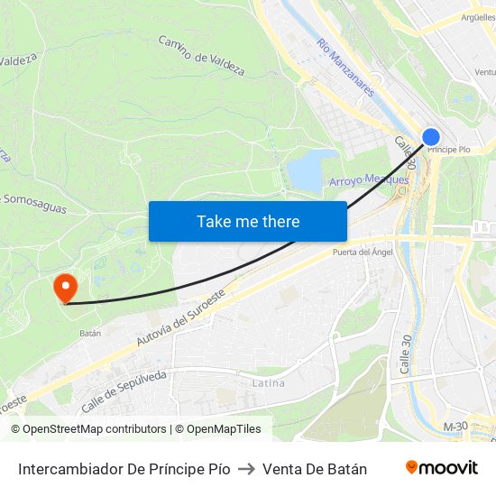 Intercambiador De Príncipe Pío to Venta De Batán map