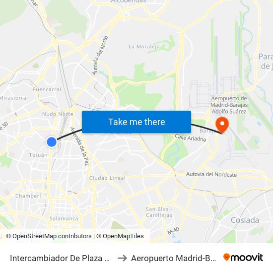 Intercambiador De Plaza De Castilla to Aeropuerto Madrid-Barajas T3 map