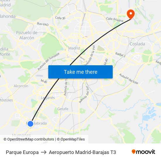 Parque Europa to Aeropuerto Madrid-Barajas T3 map