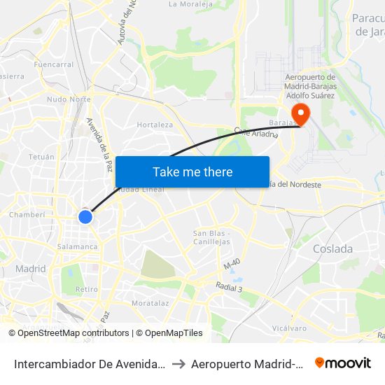 Intercambiador De Avenida De América to Aeropuerto Madrid-Barajas T3 map