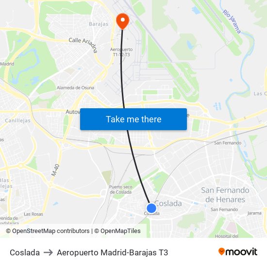 Coslada to Aeropuerto Madrid-Barajas T3 map