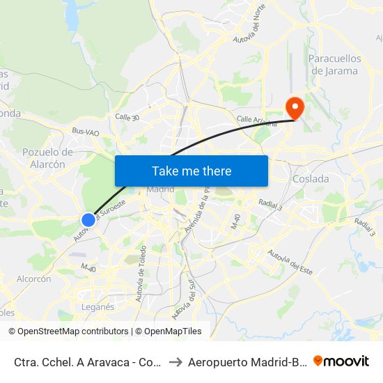 Ctra. Cchel. A Aravaca - Colonia Jardín to Aeropuerto Madrid-Barajas T3 map
