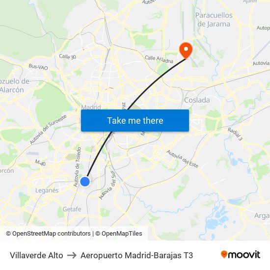 Villaverde Alto to Aeropuerto Madrid-Barajas T3 map