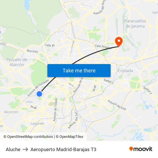 Aluche to Aeropuerto Madrid-Barajas T3 map