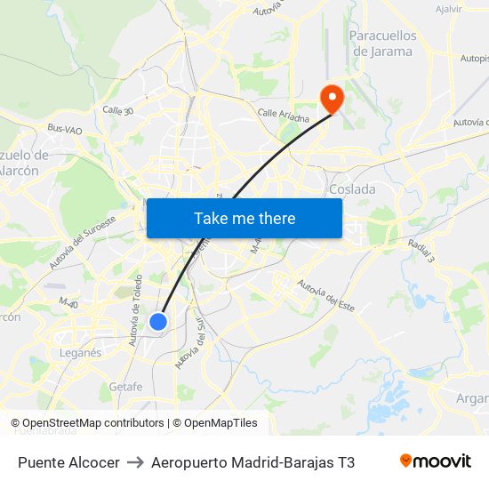 Puente Alcocer to Aeropuerto Madrid-Barajas T3 map