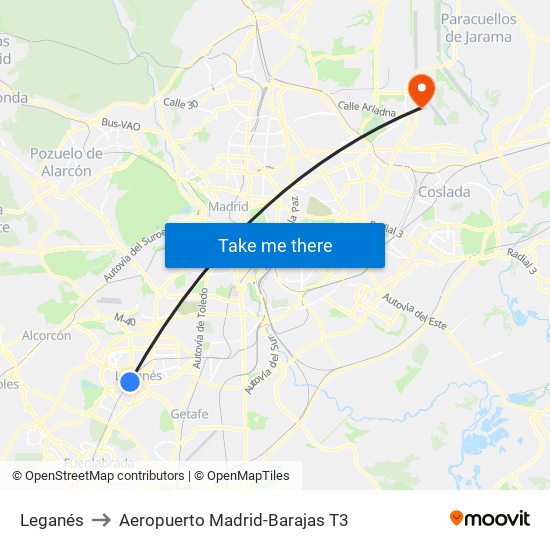 Leganés to Aeropuerto Madrid-Barajas T3 map