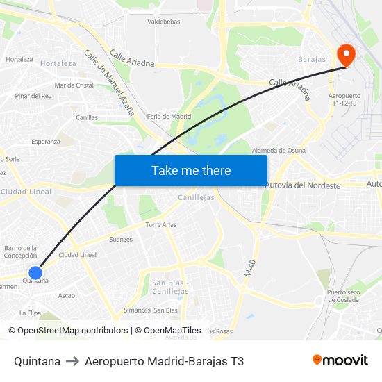 Quintana to Aeropuerto Madrid-Barajas T3 map