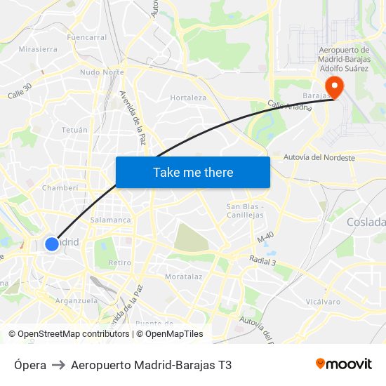 Ópera to Aeropuerto Madrid-Barajas T3 map