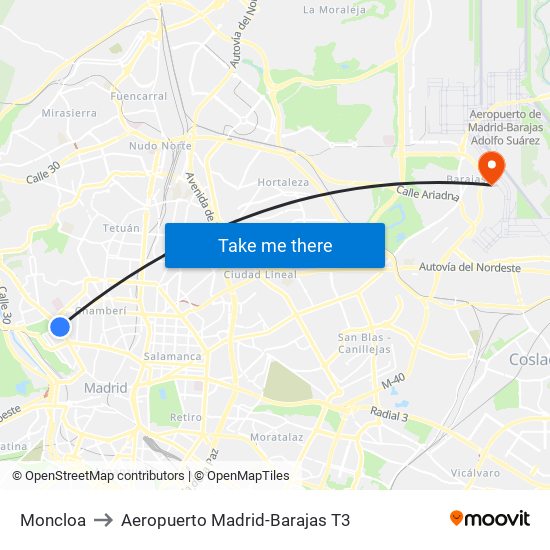 Moncloa to Aeropuerto Madrid-Barajas T3 map