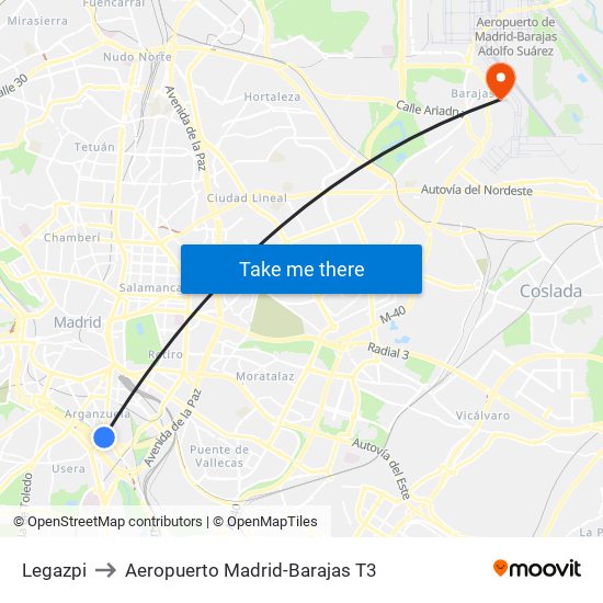 Legazpi to Aeropuerto Madrid-Barajas T3 map