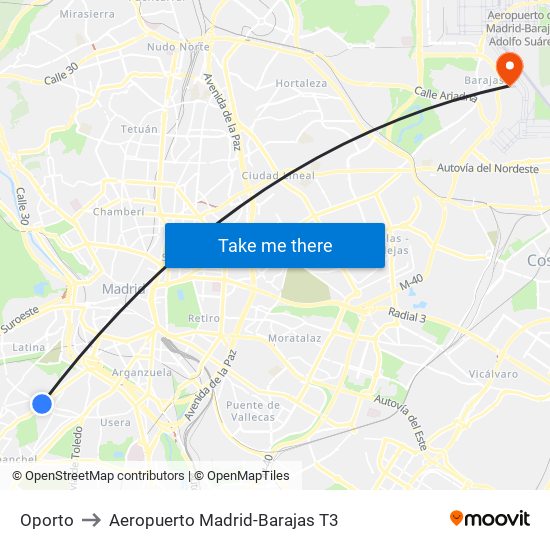 Oporto to Aeropuerto Madrid-Barajas T3 map