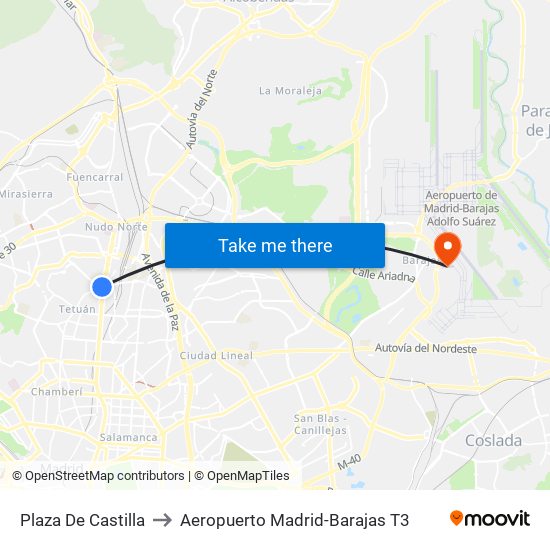 Plaza De Castilla to Aeropuerto Madrid-Barajas T3 map