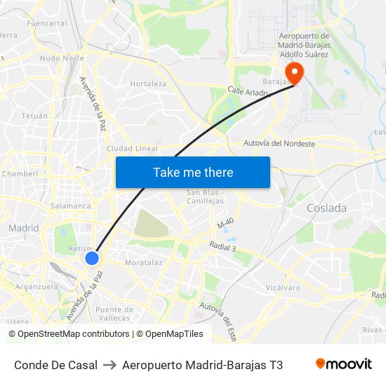 Conde De Casal to Aeropuerto Madrid-Barajas T3 map