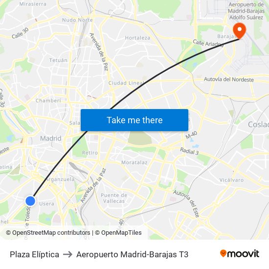 Plaza Elíptica to Aeropuerto Madrid-Barajas T3 map