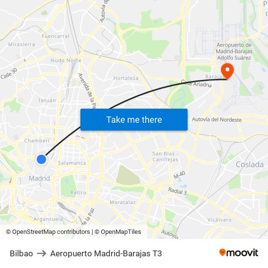 Bilbao to Aeropuerto Madrid-Barajas T3 map