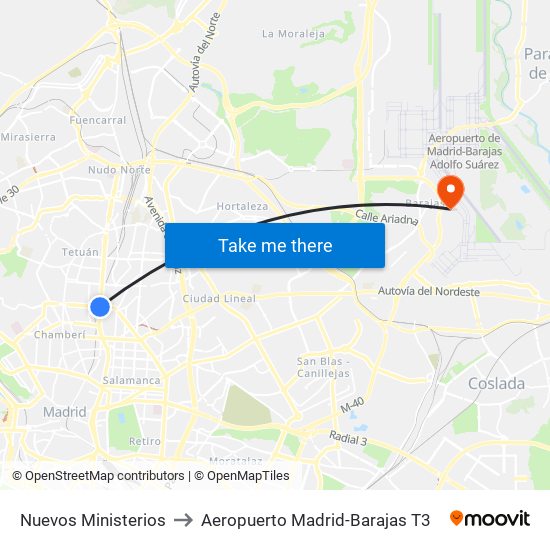 Nuevos Ministerios to Aeropuerto Madrid-Barajas T3 map