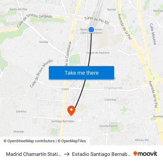 Madrid Chamartín Station to Estadio Santiago Bernabéu map
