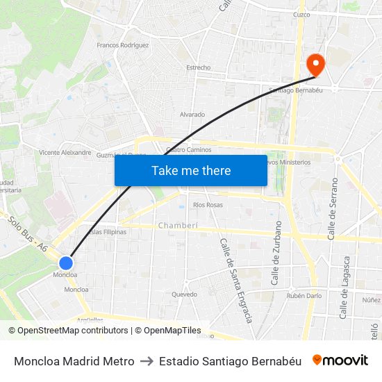 Moncloa Madrid Metro to Estadio Santiago Bernabéu map