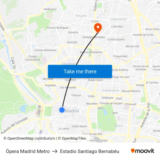 Ópera Madrid Metro to Estadio Santiago Bernabéu map