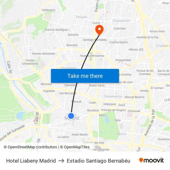 Hotel Liabeny Madrid to Estadio Santiago Bernabéu map