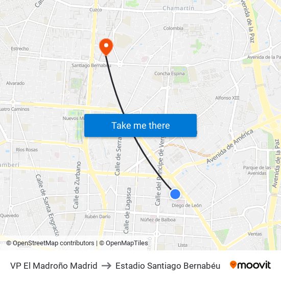 VP El Madroño Madrid to Estadio Santiago Bernabéu map