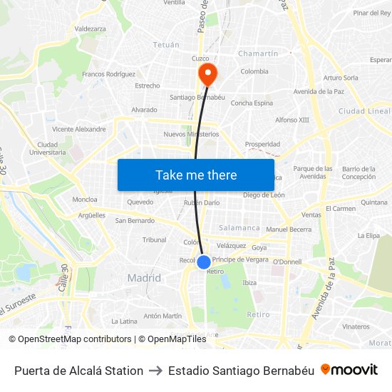 Puerta de Alcalá Station to Estadio Santiago Bernabéu map