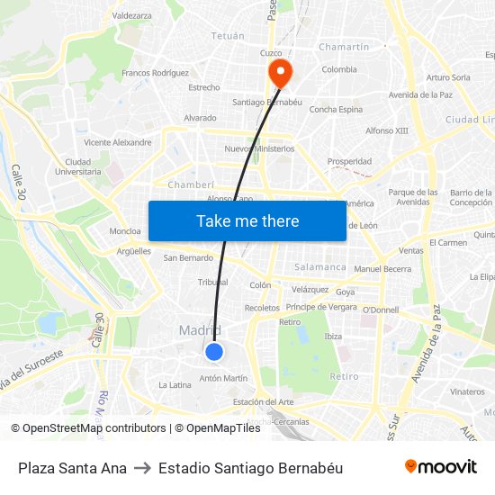 Plaza Santa Ana to Estadio Santiago Bernabéu map