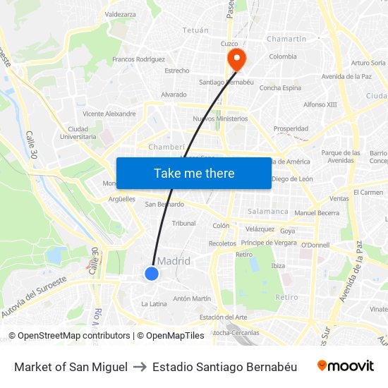 Market of San Miguel to Estadio Santiago Bernabéu map