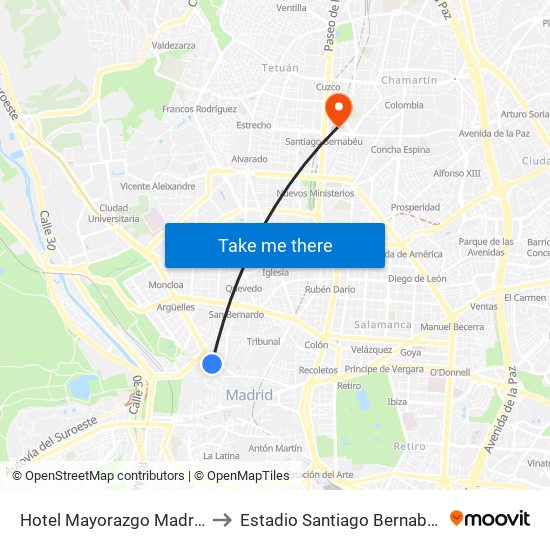 Hotel Mayorazgo Madrid to Estadio Santiago Bernabéu map