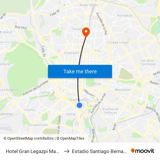 Hotel Gran Legazpi Madrid to Estadio Santiago Bernabéu map