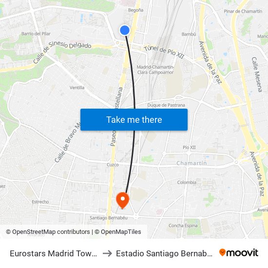 Eurostars Madrid Tower to Estadio Santiago Bernabéu map