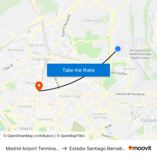 Madrid Airport Terminal 4 to Estadio Santiago Bernabéu map