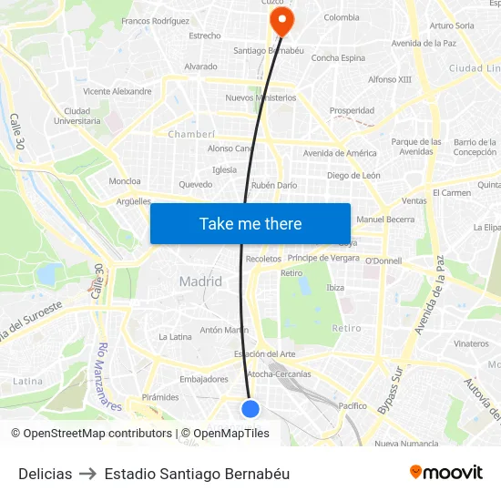 Delicias to Estadio Santiago Bernabéu map