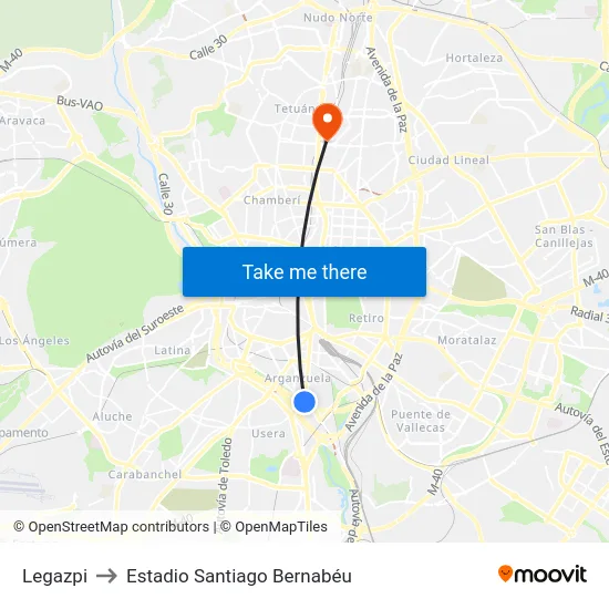 Legazpi to Estadio Santiago Bernabéu map