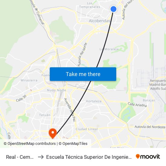 Real - Cementerio to Escuela Técnica Superior De Ingenieros Industriales map