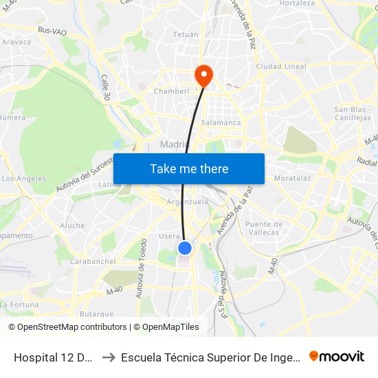 Hospital 12 De Octubre to Escuela Técnica Superior De Ingenieros Industriales map