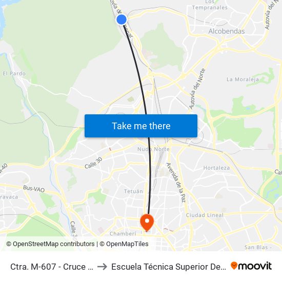 Ctra. M-607 - Cruce Ctra. Alcobendas to Escuela Técnica Superior De Ingenieros Industriales map