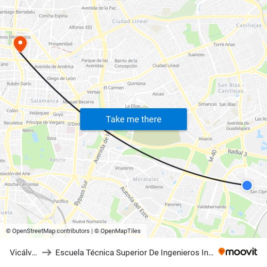 Vicálvaro to Escuela Técnica Superior De Ingenieros Industriales map