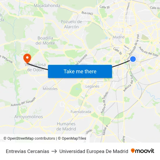 Entrevías Cercanías to Universidad Europea De Madrid map