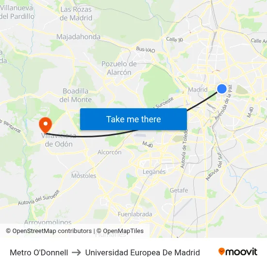 Metro O'Donnell to Universidad Europea De Madrid map