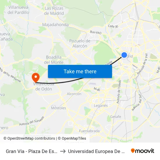 Gran Vía - Plaza De España to Universidad Europea De Madrid map