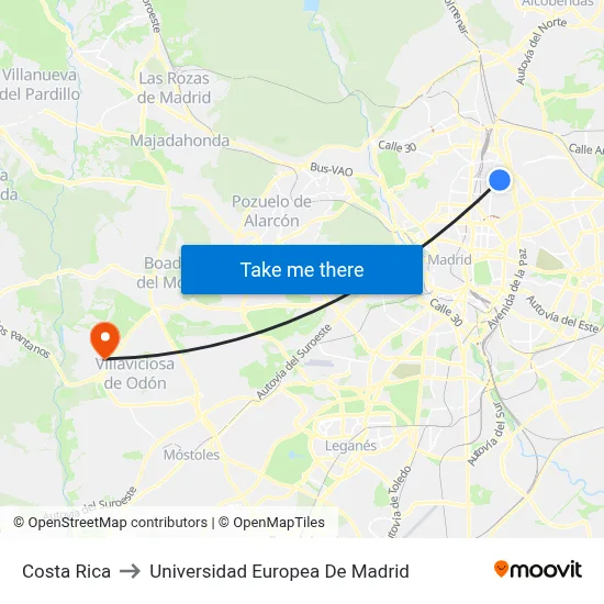 Costa Rica to Universidad Europea De Madrid map
