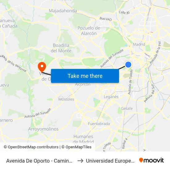 Avenida De Oporto - Camino Viejo Leganés to Universidad Europea De Madrid map