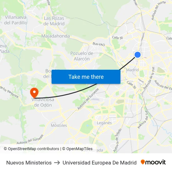 Nuevos Ministerios to Universidad Europea De Madrid map