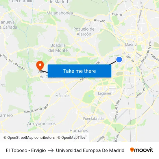 El Toboso - Ervigio to Universidad Europea De Madrid map