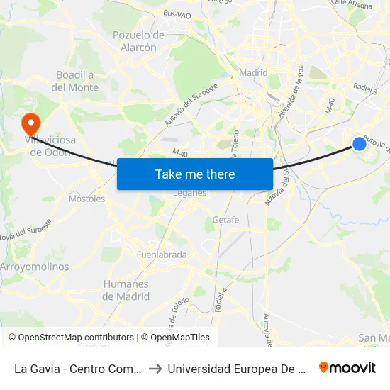 La Gavia - Centro Comercial to Universidad Europea De Madrid map